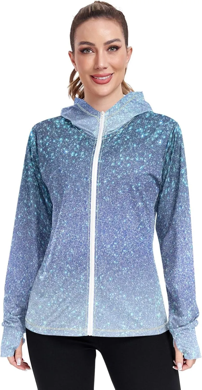 GAIGEO Blue Flowers Leaves White Women Jacket UPF 50  Uv Clothing for Women Sun Protection Cooling Fabric, Thumb Holes, XXL