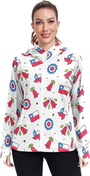GAIGEO Blue Flowers Leaves White Women Jacket UPF 50  Uv Clothing for Women Sun Protection Cooling Fabric, Thumb Holes, XXL