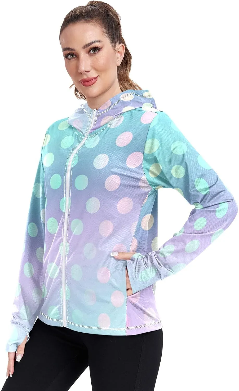 GAIGEO Blue Flowers Leaves White Women Jacket UPF 50  Uv Clothing for Women Sun Protection Cooling Fabric, Thumb Holes, XXL