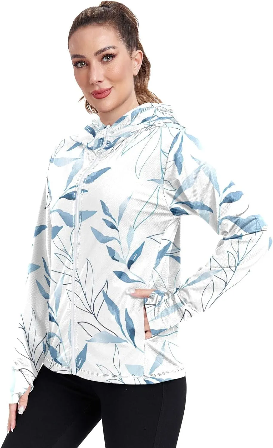 GAIGEO Blue Flowers Leaves White Women Jacket UPF 50  Uv Clothing for Women Sun Protection Cooling Fabric, Thumb Holes, XXL