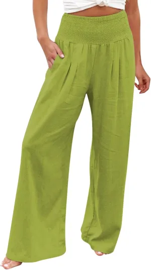 Generic Women Linen Palazzo Pants Wide Leg Elastic High Waist Casual Loose Beach Travel Lounge Comfy Summer Pants 2024 Trendy