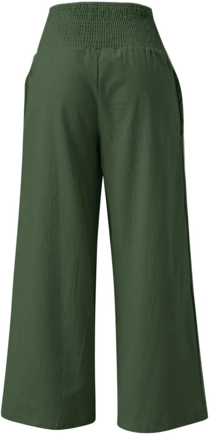 Generic Women Linen Palazzo Pants Wide Leg Elastic High Waist Casual Loose Beach Travel Lounge Comfy Summer Pants 2024 Trendy