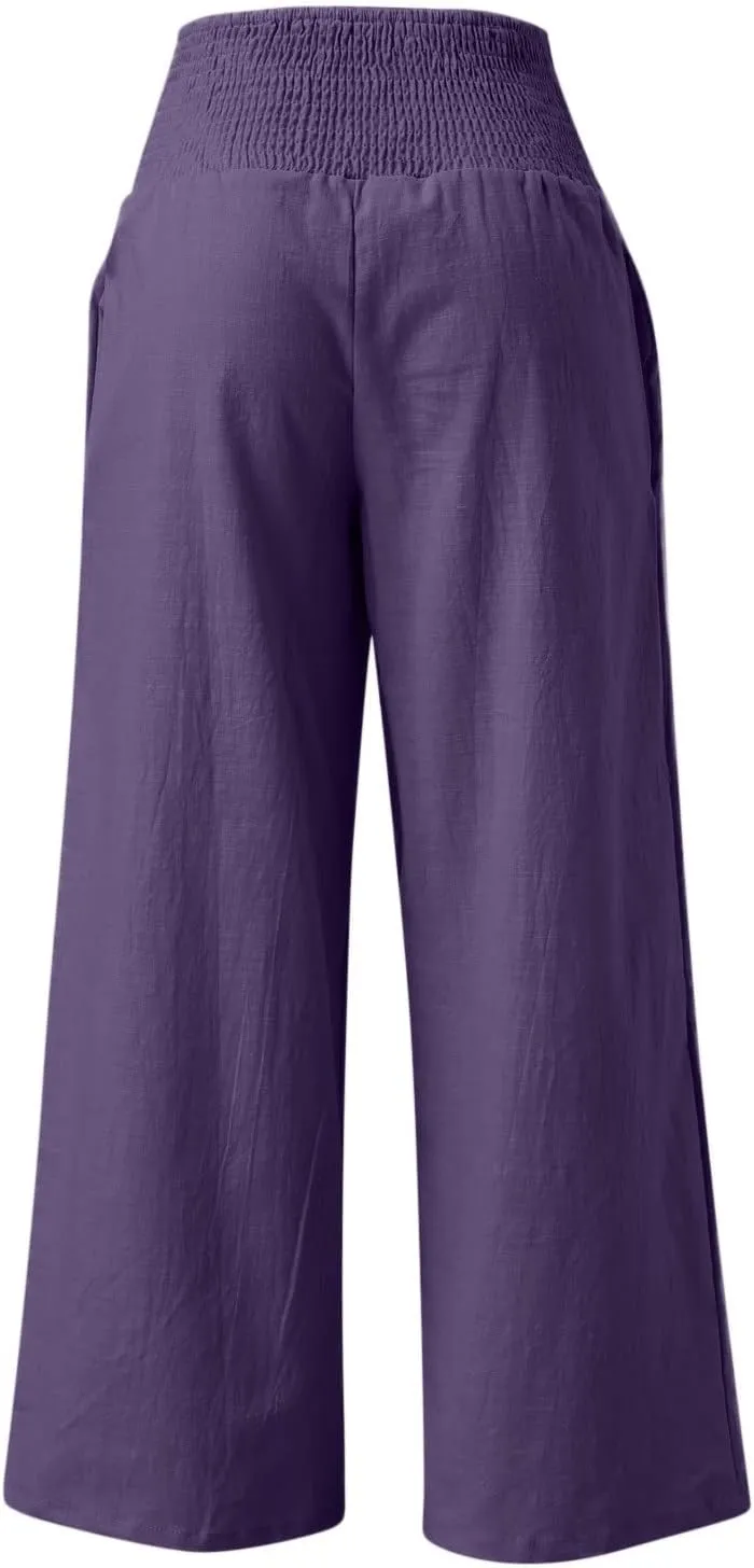 Generic Women Linen Palazzo Pants Wide Leg Elastic High Waist Casual Loose Beach Travel Lounge Comfy Summer Pants 2024 Trendy