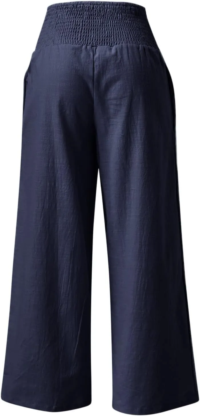 Generic Women Linen Palazzo Pants Wide Leg Elastic High Waist Casual Loose Beach Travel Lounge Comfy Summer Pants 2024 Trendy