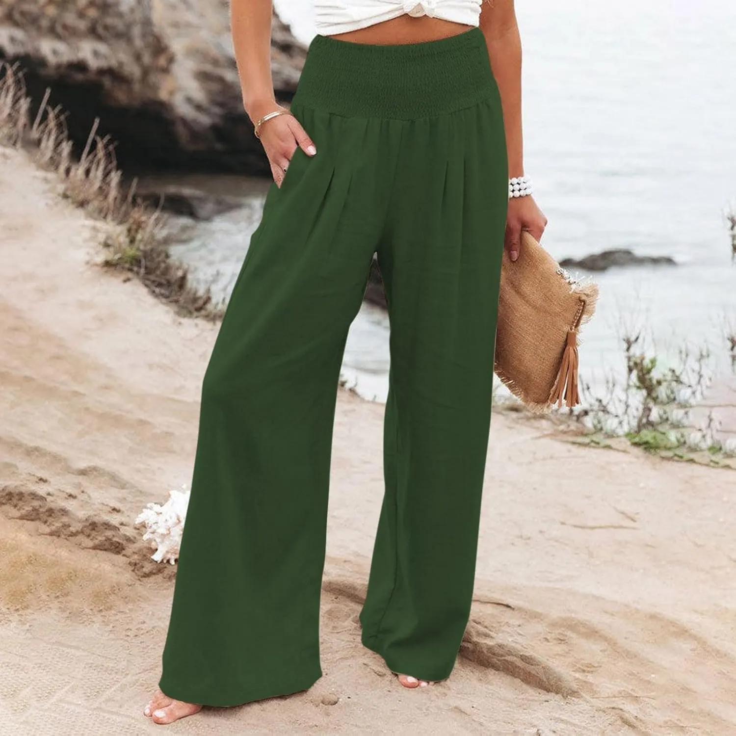 Generic Women Linen Palazzo Pants Wide Leg Elastic High Waist Casual Loose Beach Travel Lounge Comfy Summer Pants 2024 Trendy