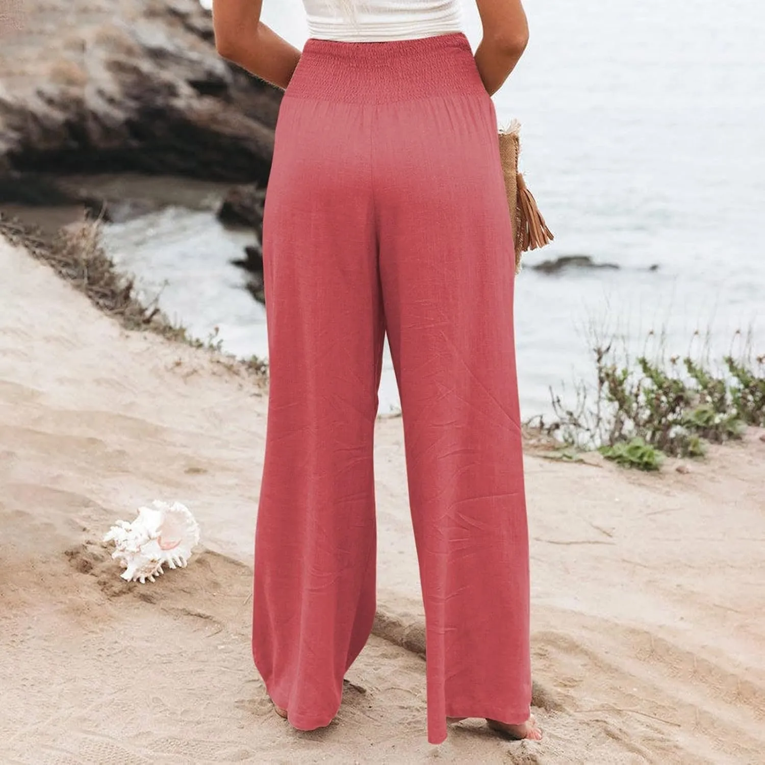 Generic Women Linen Palazzo Pants Wide Leg Elastic High Waist Casual Loose Beach Travel Lounge Comfy Summer Pants 2024 Trendy