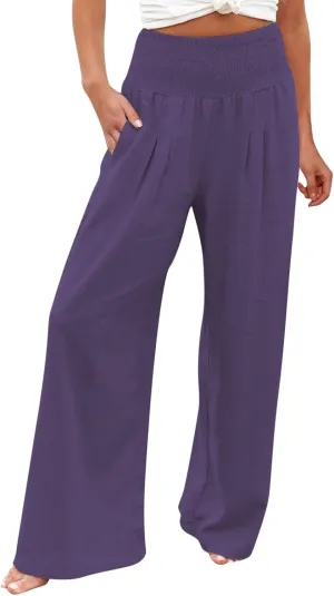 Generic Women Linen Palazzo Pants Wide Leg Elastic High Waist Casual Loose Beach Travel Lounge Comfy Summer Pants 2024 Trendy