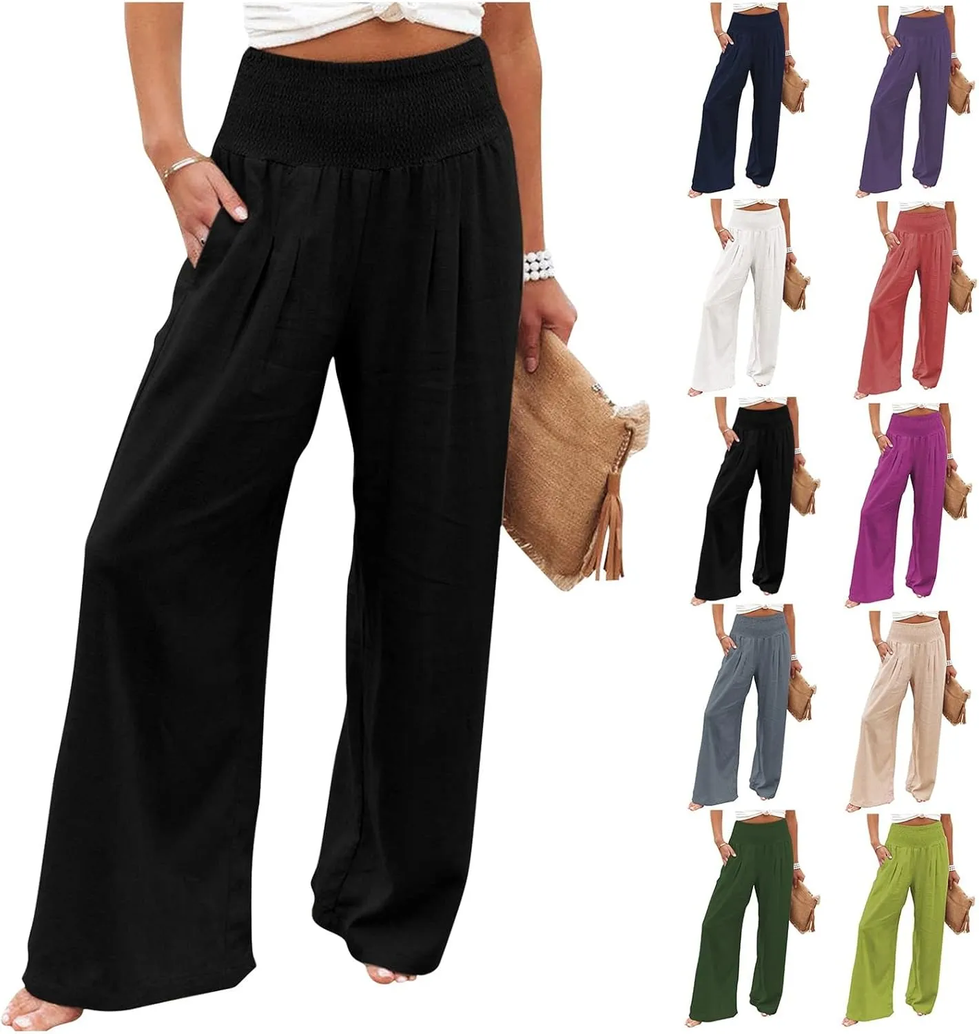 Generic Women Linen Palazzo Pants Wide Leg Elastic High Waist Casual Loose Beach Travel Lounge Comfy Summer Pants 2024 Trendy