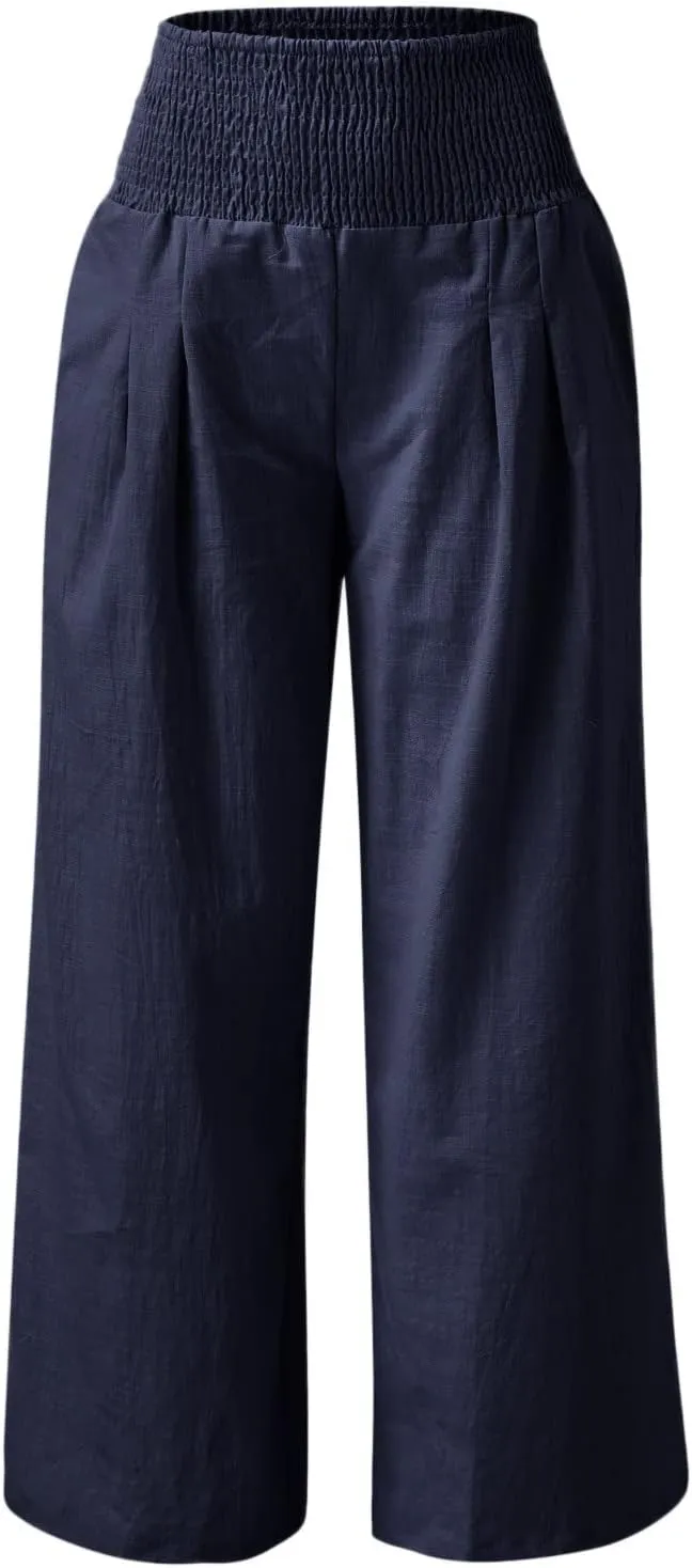 Generic Women Linen Palazzo Pants Wide Leg Elastic High Waist Casual Loose Beach Travel Lounge Comfy Summer Pants 2024 Trendy