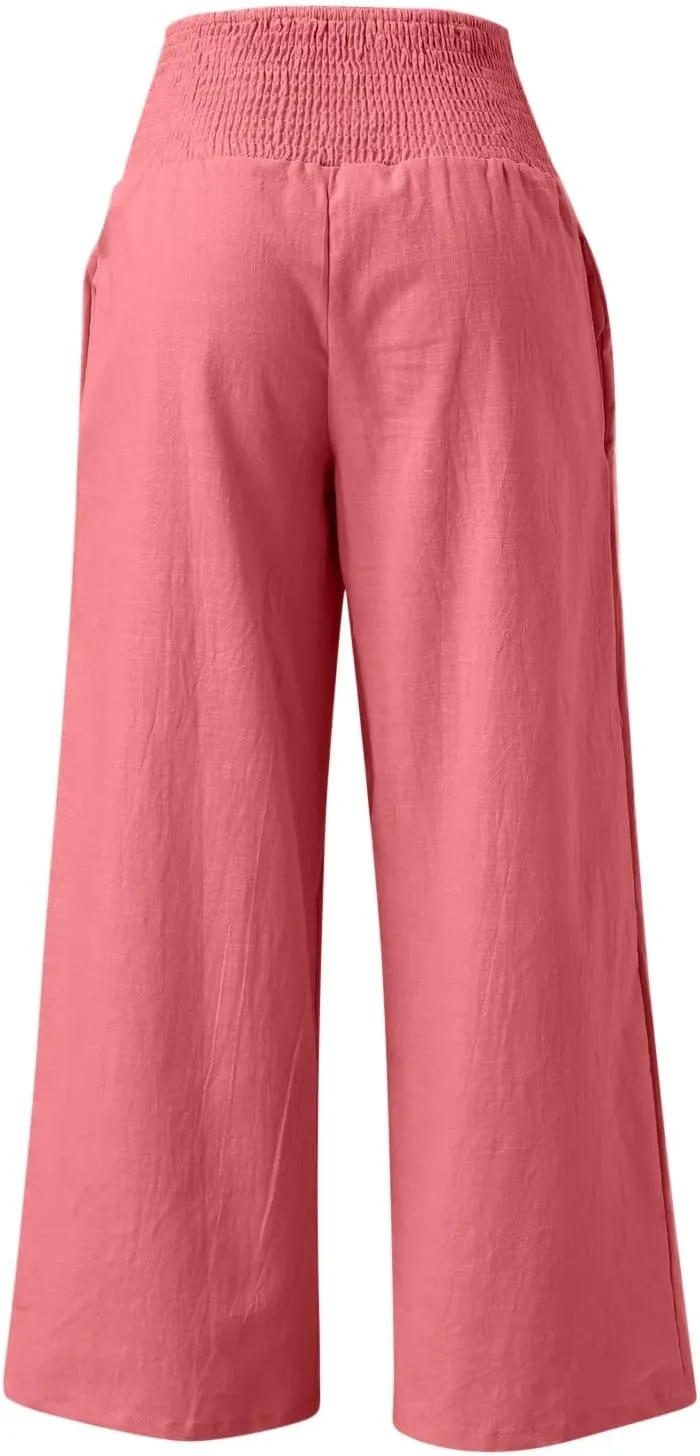 Generic Women Linen Palazzo Pants Wide Leg Elastic High Waist Casual Loose Beach Travel Lounge Comfy Summer Pants 2024 Trendy