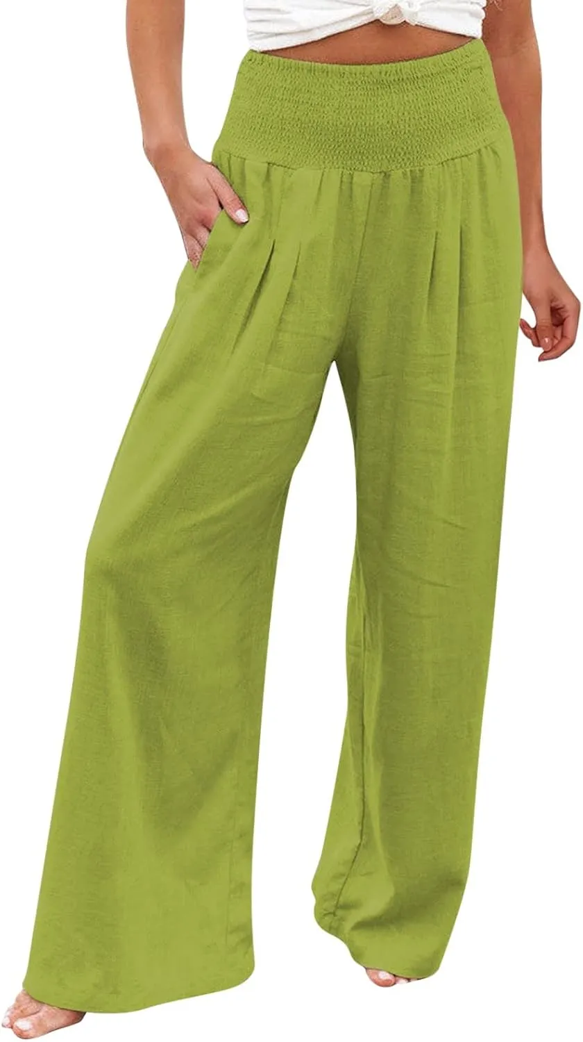 Generic Women Linen Palazzo Pants Wide Leg Elastic High Waist Casual Loose Beach Travel Lounge Comfy Summer Pants 2024 Trendy
