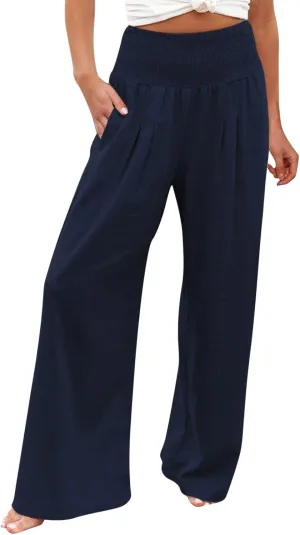 Generic Women Linen Palazzo Pants Wide Leg Elastic High Waist Casual Loose Beach Travel Lounge Comfy Summer Pants 2024 Trendy