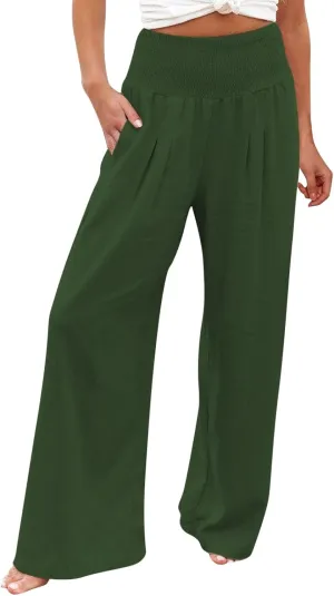 Generic Women Linen Palazzo Pants Wide Leg Elastic High Waist Casual Loose Beach Travel Lounge Comfy Summer Pants 2024 Trendy