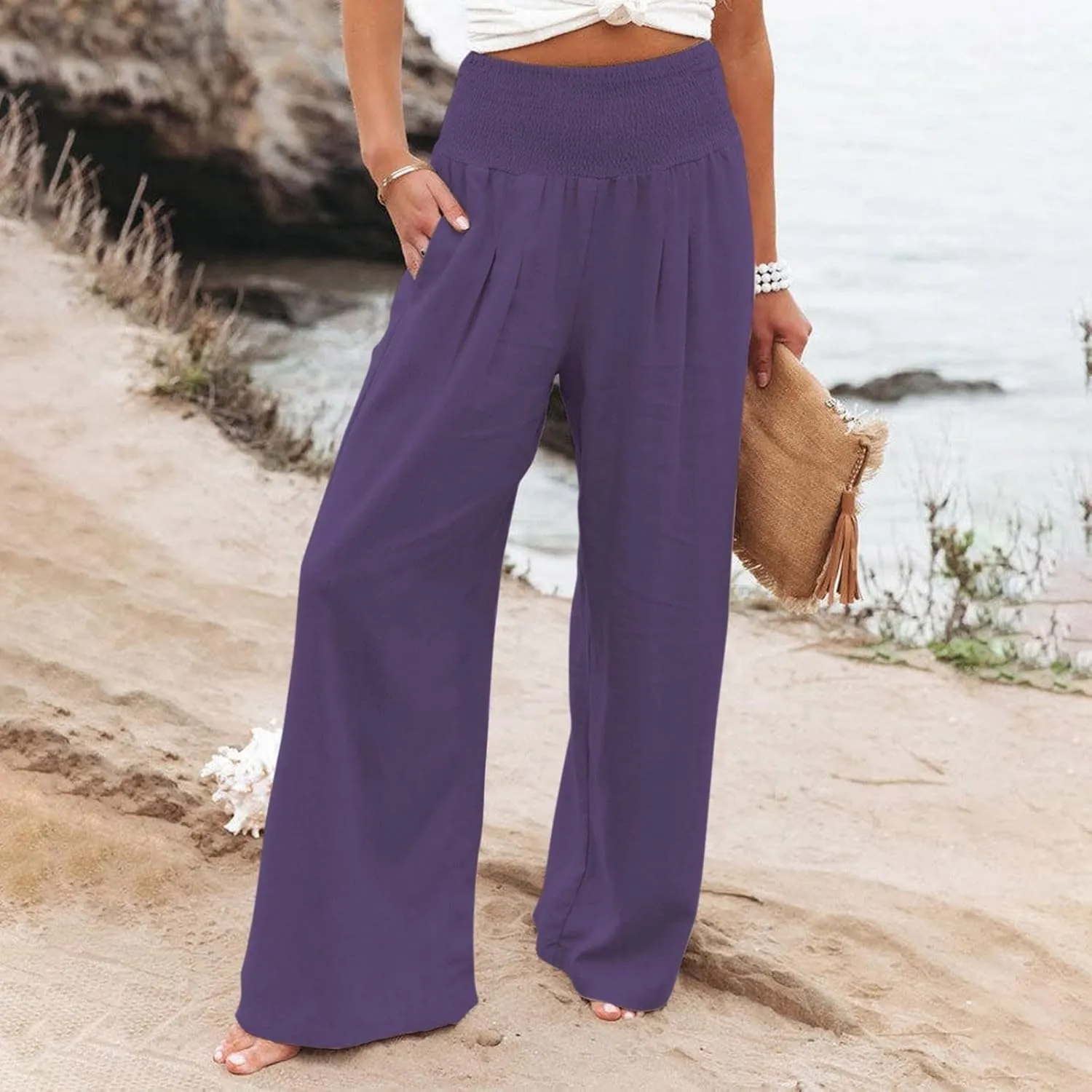Generic Women Linen Palazzo Pants Wide Leg Elastic High Waist Casual Loose Beach Travel Lounge Comfy Summer Pants 2024 Trendy