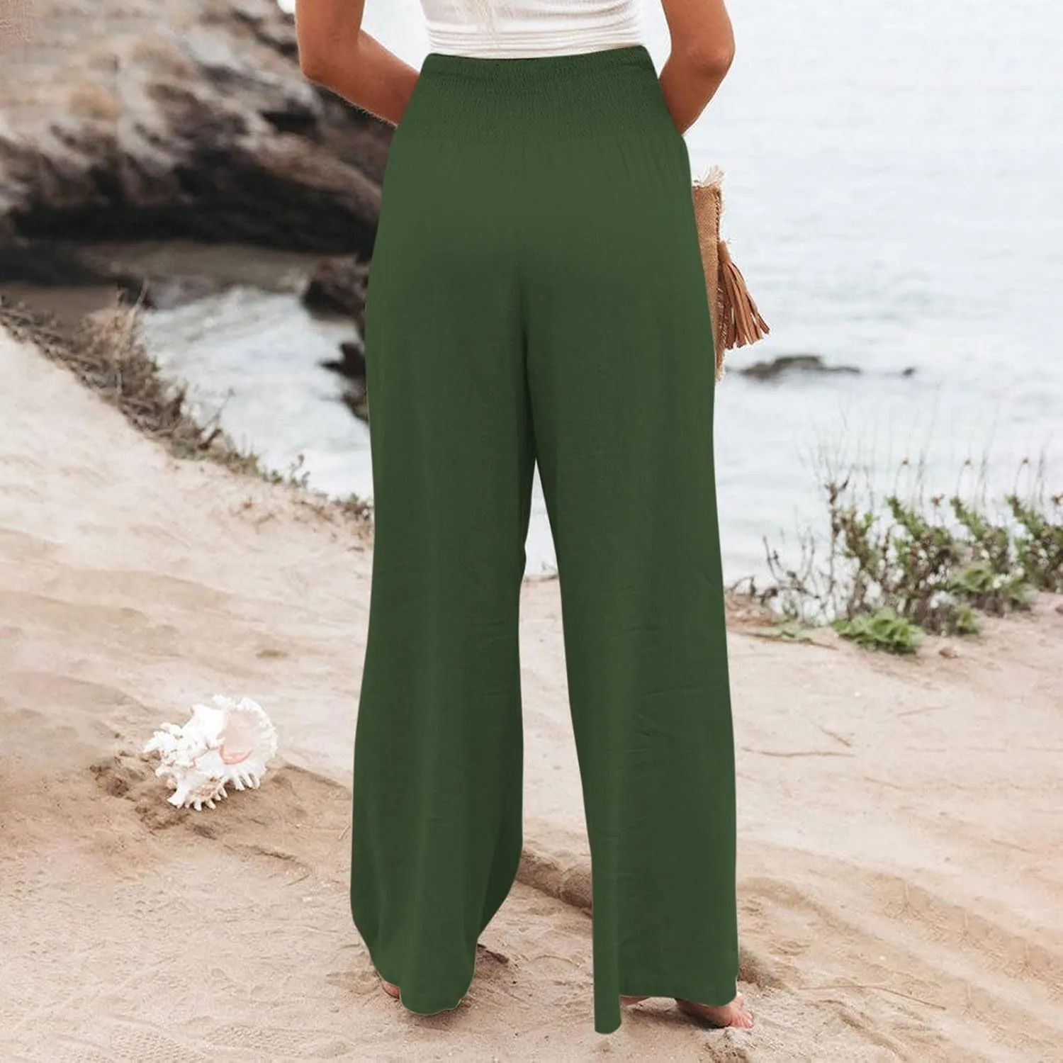 Generic Women Linen Palazzo Pants Wide Leg Elastic High Waist Casual Loose Beach Travel Lounge Comfy Summer Pants 2024 Trendy