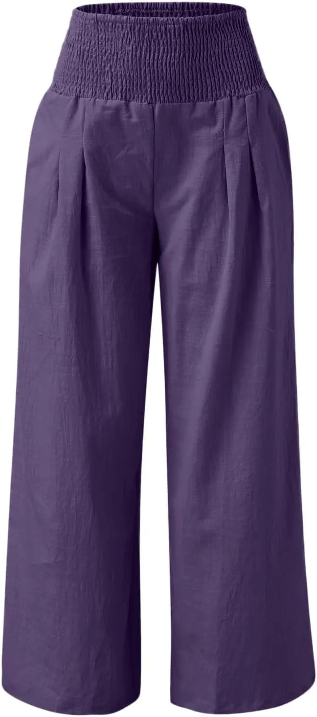 Generic Women Linen Palazzo Pants Wide Leg Elastic High Waist Casual Loose Beach Travel Lounge Comfy Summer Pants 2024 Trendy