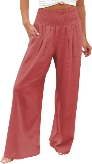 Generic Women Linen Palazzo Pants Wide Leg Elastic High Waist Casual Loose Beach Travel Lounge Comfy Summer Pants 2024 Trendy