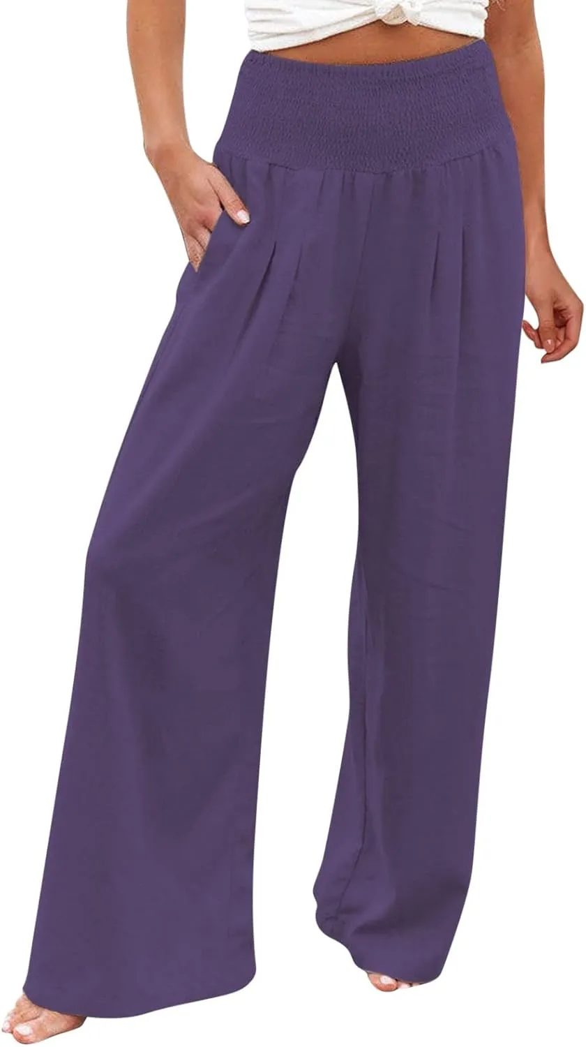 Generic Women Linen Palazzo Pants Wide Leg Elastic High Waist Casual Loose Beach Travel Lounge Comfy Summer Pants 2024 Trendy
