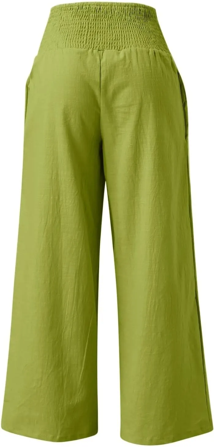 Generic Women Linen Palazzo Pants Wide Leg Elastic High Waist Casual Loose Beach Travel Lounge Comfy Summer Pants 2024 Trendy