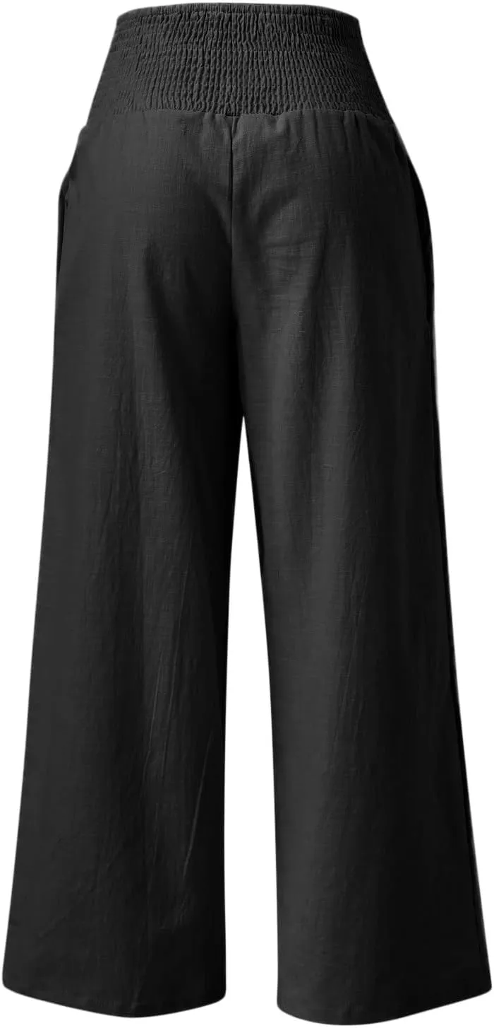Generic Women Linen Palazzo Pants Wide Leg Elastic High Waist Casual Loose Beach Travel Lounge Comfy Summer Pants 2024 Trendy