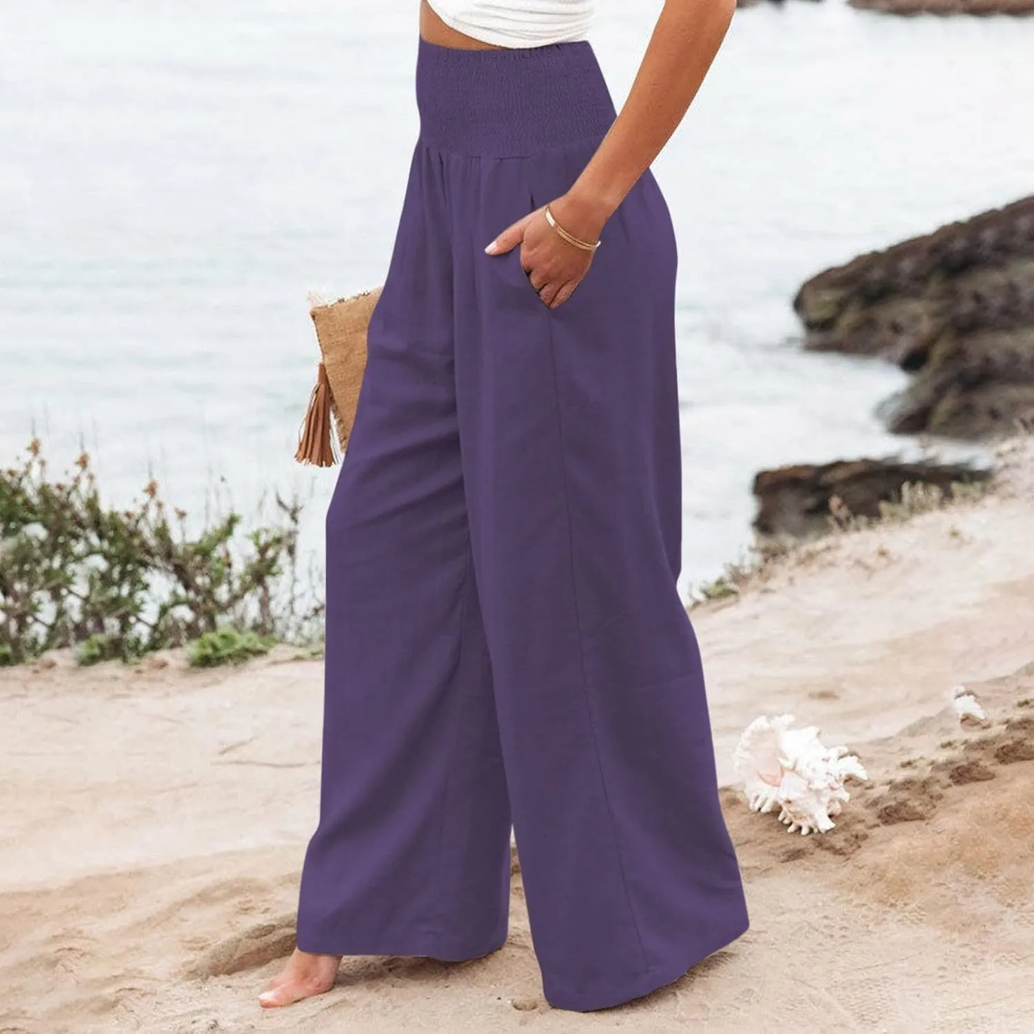 Generic Women Linen Palazzo Pants Wide Leg Elastic High Waist Casual Loose Beach Travel Lounge Comfy Summer Pants 2024 Trendy