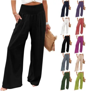 Generic Women Linen Palazzo Pants Wide Leg Elastic High Waist Casual Loose Beach Travel Lounge Comfy Summer Pants 2024 Trendy