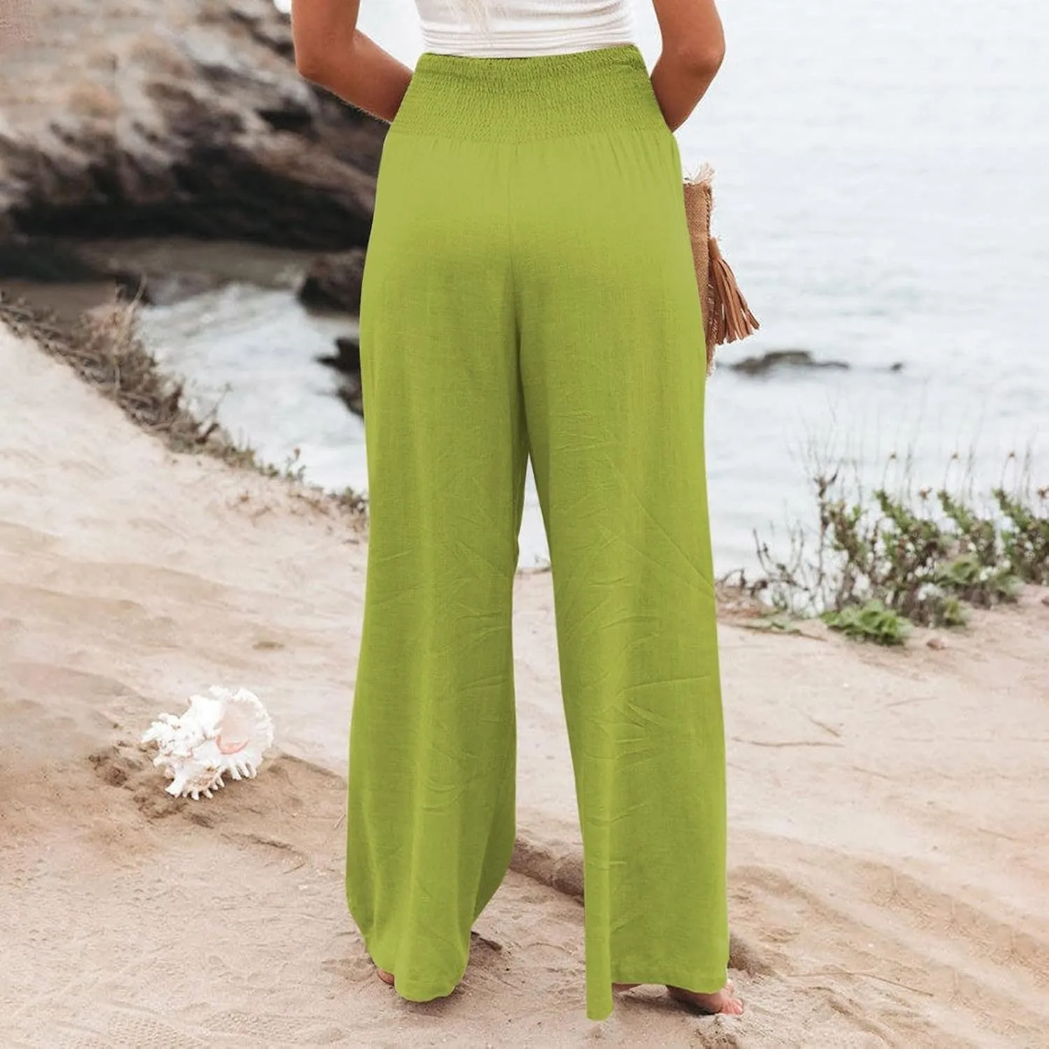 Generic Women Linen Palazzo Pants Wide Leg Elastic High Waist Casual Loose Beach Travel Lounge Comfy Summer Pants 2024 Trendy