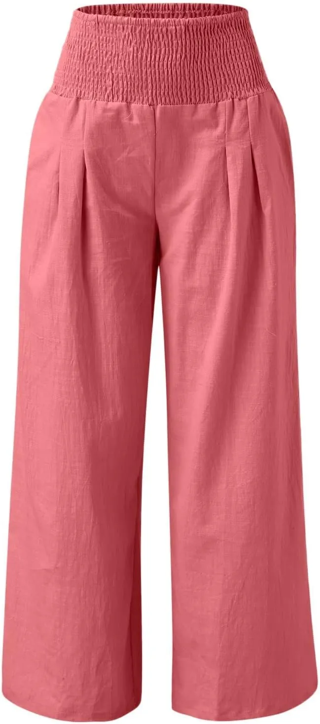 Generic Women Linen Palazzo Pants Wide Leg Elastic High Waist Casual Loose Beach Travel Lounge Comfy Summer Pants 2024 Trendy