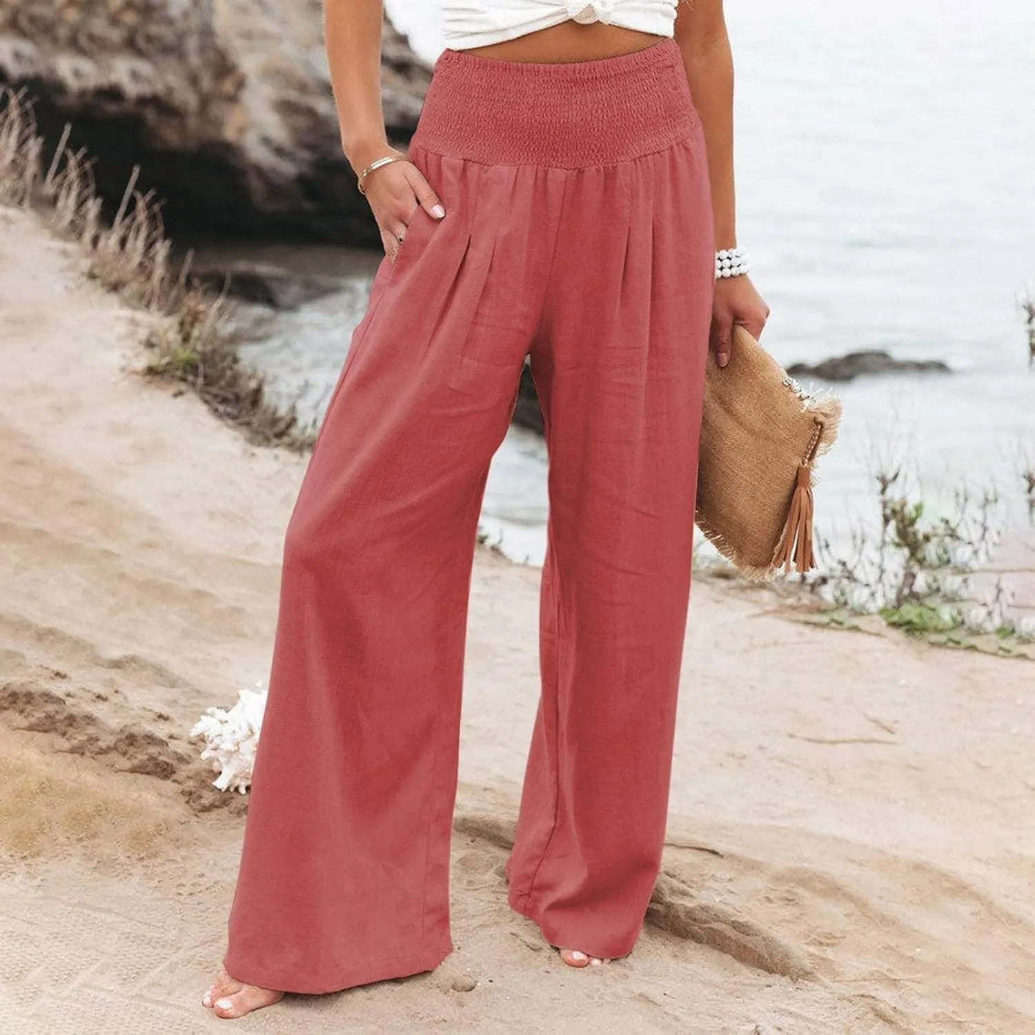 Generic Women Linen Palazzo Pants Wide Leg Elastic High Waist Casual Loose Beach Travel Lounge Comfy Summer Pants 2024 Trendy