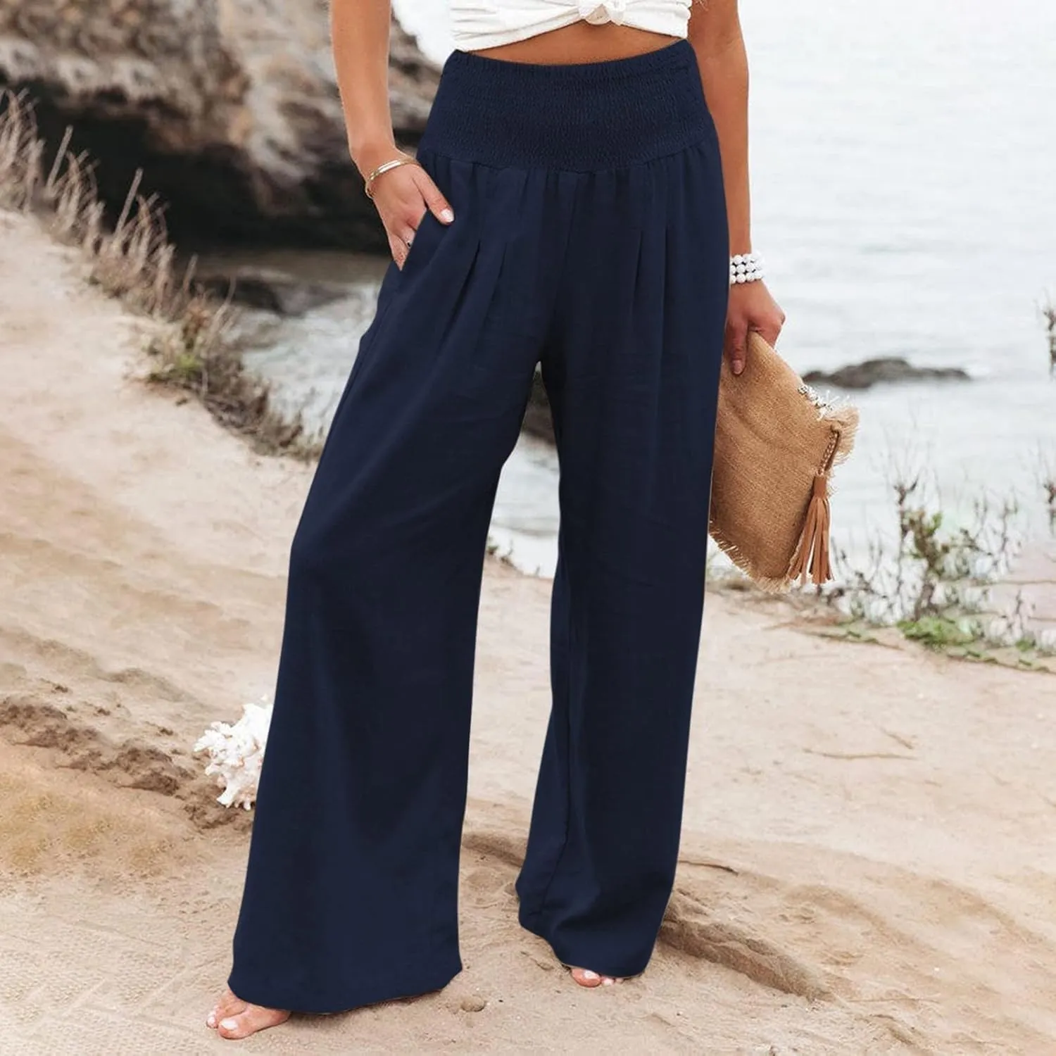 Generic Women Linen Palazzo Pants Wide Leg Elastic High Waist Casual Loose Beach Travel Lounge Comfy Summer Pants 2024 Trendy