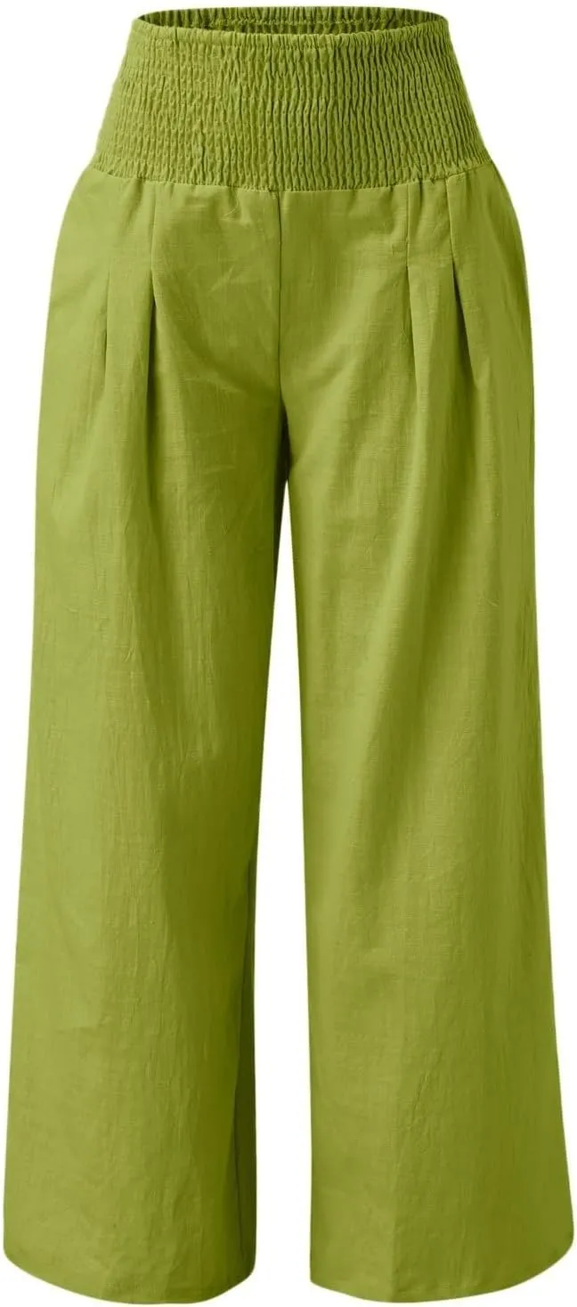 Generic Women Linen Palazzo Pants Wide Leg Elastic High Waist Casual Loose Beach Travel Lounge Comfy Summer Pants 2024 Trendy