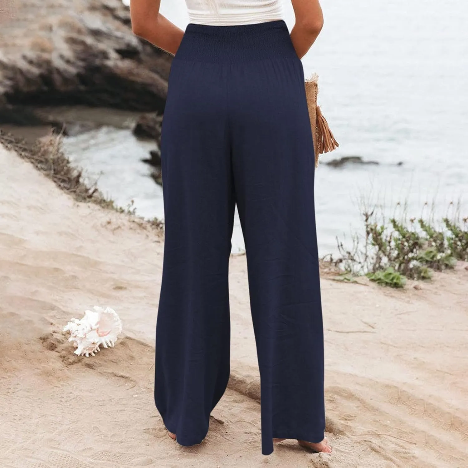 Generic Women Linen Palazzo Pants Wide Leg Elastic High Waist Casual Loose Beach Travel Lounge Comfy Summer Pants 2024 Trendy