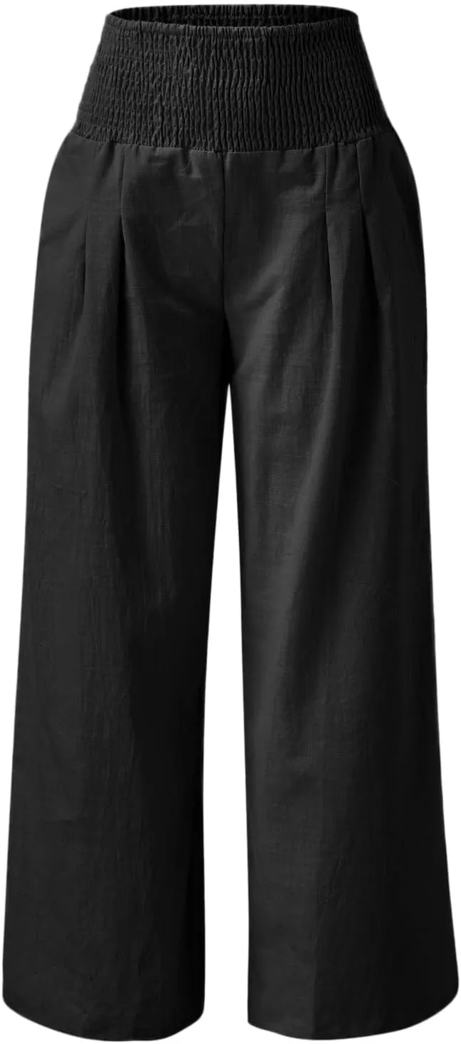 Generic Women Linen Palazzo Pants Wide Leg Elastic High Waist Casual Loose Beach Travel Lounge Comfy Summer Pants 2024 Trendy