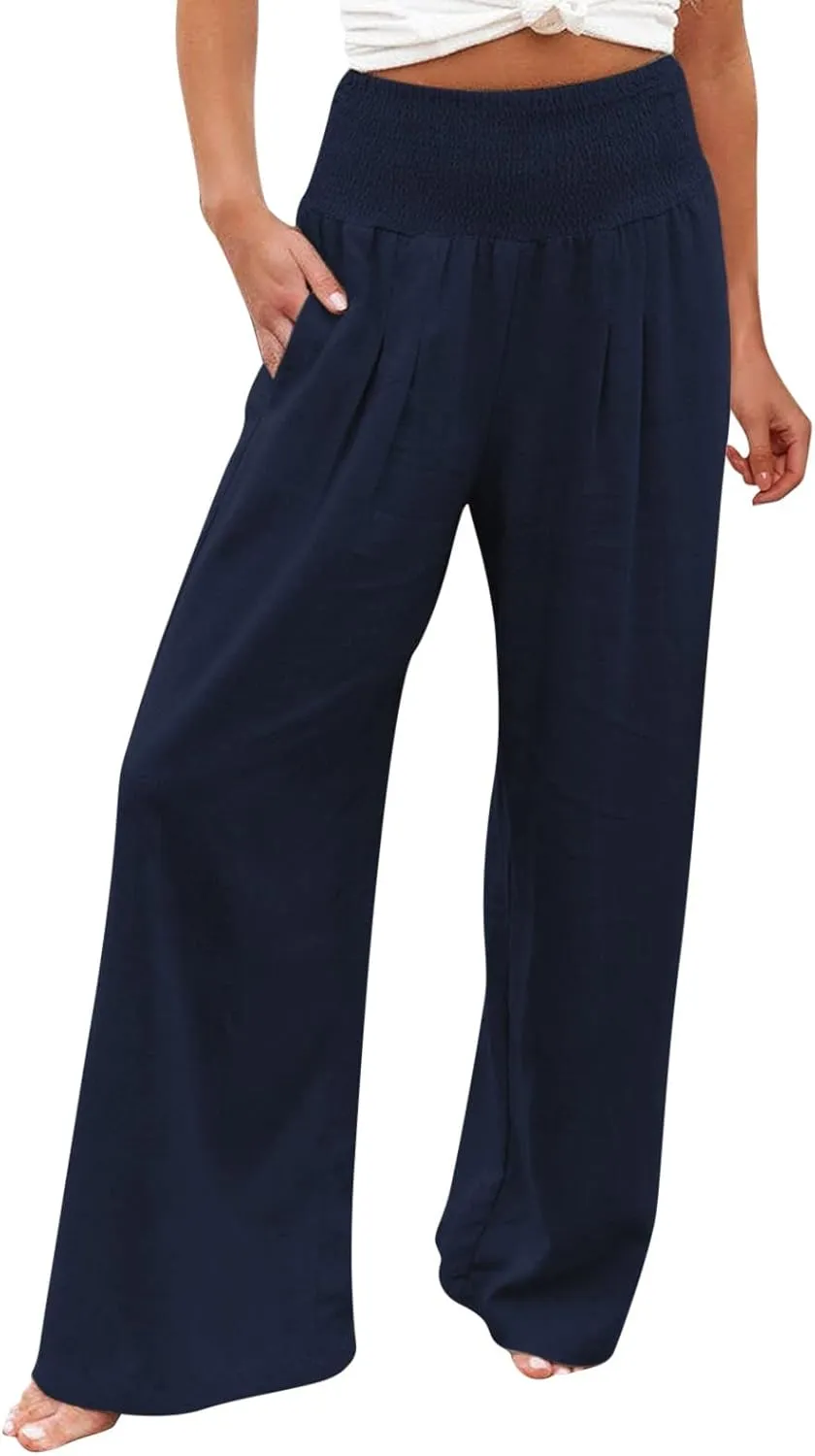 Generic Women Linen Palazzo Pants Wide Leg Elastic High Waist Casual Loose Beach Travel Lounge Comfy Summer Pants 2024 Trendy