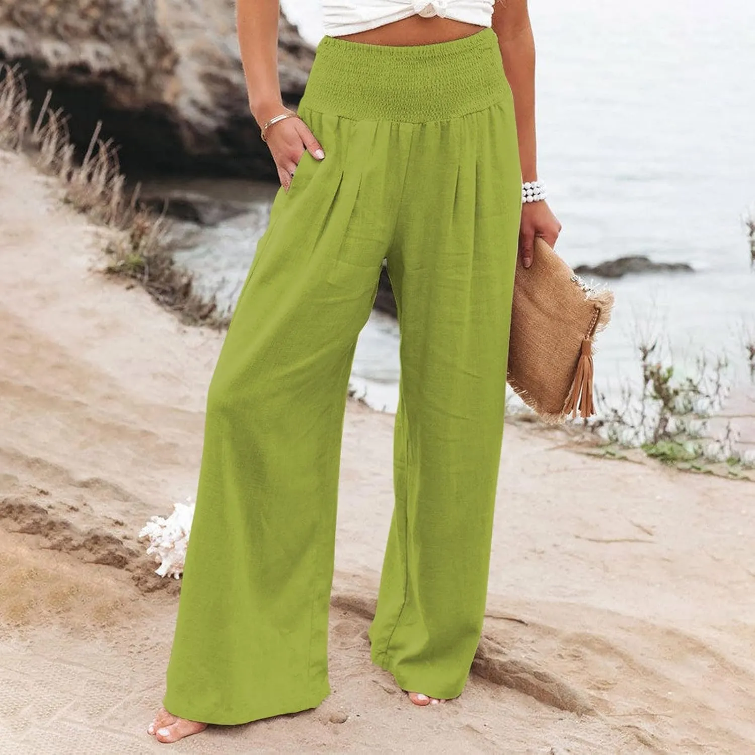 Generic Women Linen Palazzo Pants Wide Leg Elastic High Waist Casual Loose Beach Travel Lounge Comfy Summer Pants 2024 Trendy