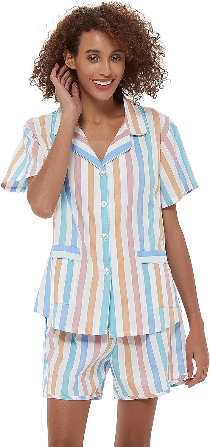 GLOBAL Womens Pajama Set Short Sleeve PJs for Women cotton Pajamas Summer Sleepwear