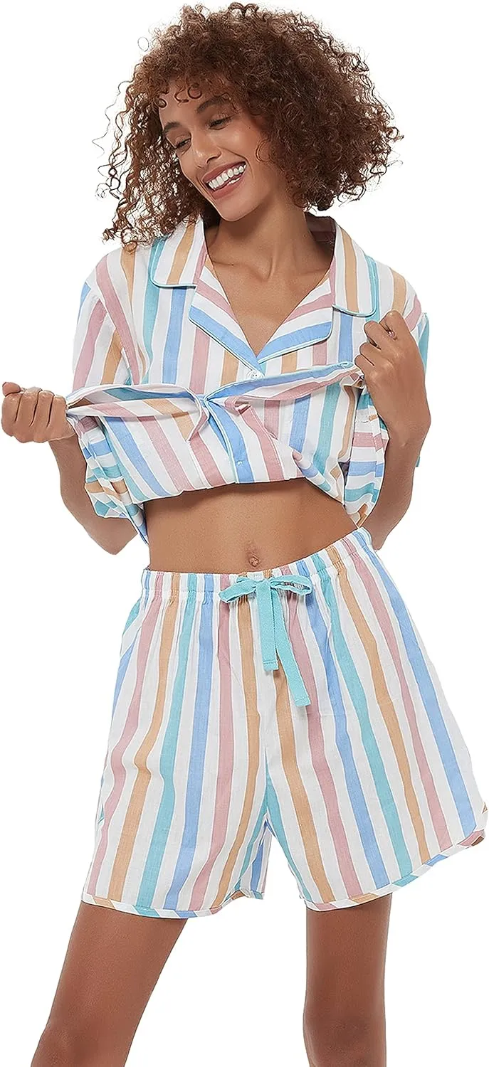 GLOBAL Womens Pajama Set Short Sleeve PJs for Women cotton Pajamas Summer Sleepwear