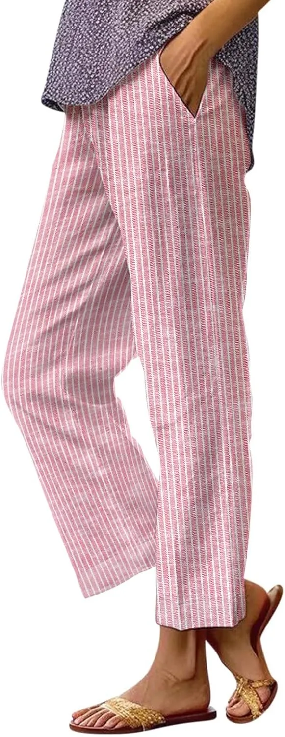 GOKKILRW Women Wide Leg Linen Pants High Waisted Striped Summer Casual Boho Palazzo Trousers with Pockets Beach Loungewear