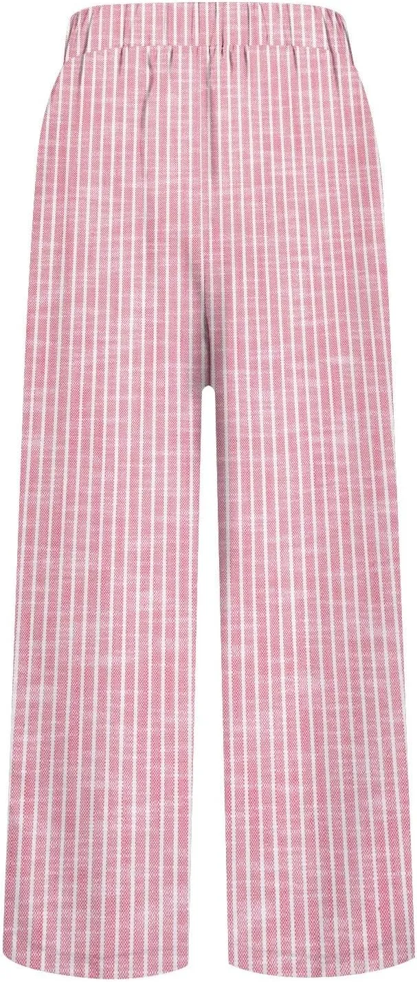 GOKKILRW Women Wide Leg Linen Pants High Waisted Striped Summer Casual Boho Palazzo Trousers with Pockets Beach Loungewear