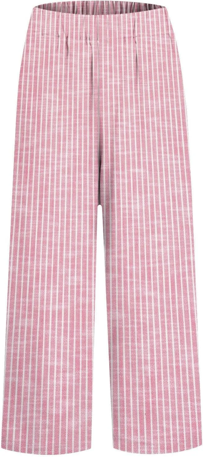 GOKKILRW Women Wide Leg Linen Pants High Waisted Striped Summer Casual Boho Palazzo Trousers with Pockets Beach Loungewear