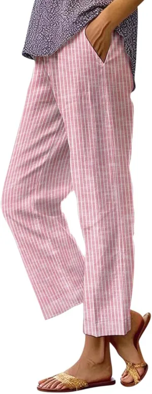 GOKKILRW Women Wide Leg Linen Pants High Waisted Striped Summer Casual Boho Palazzo Trousers with Pockets Beach Loungewear