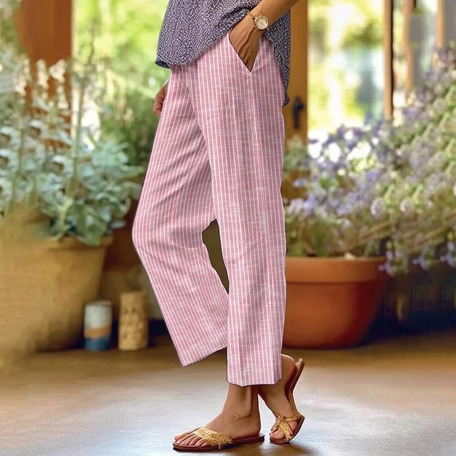 GOKKILRW Women Wide Leg Linen Pants High Waisted Striped Summer Casual Boho Palazzo Trousers with Pockets Beach Loungewear