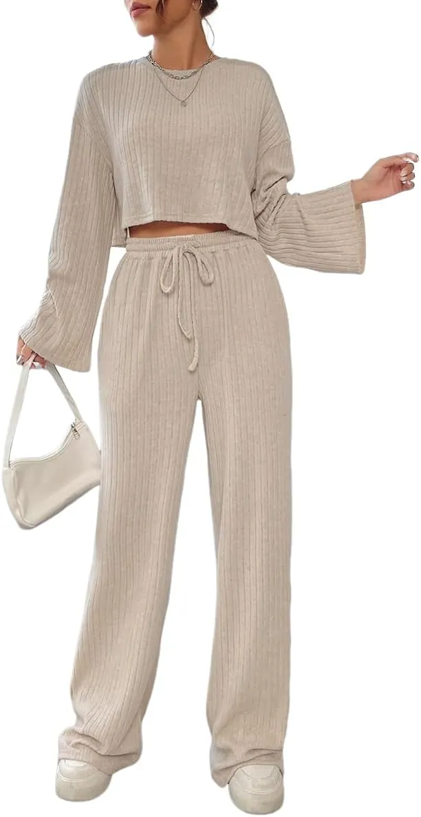 GORGLITTER Women's Fall Outfits Cute Knit Set Long Sleeve Crop Top Tee and Wide Leg Pants Lounge Matching Set