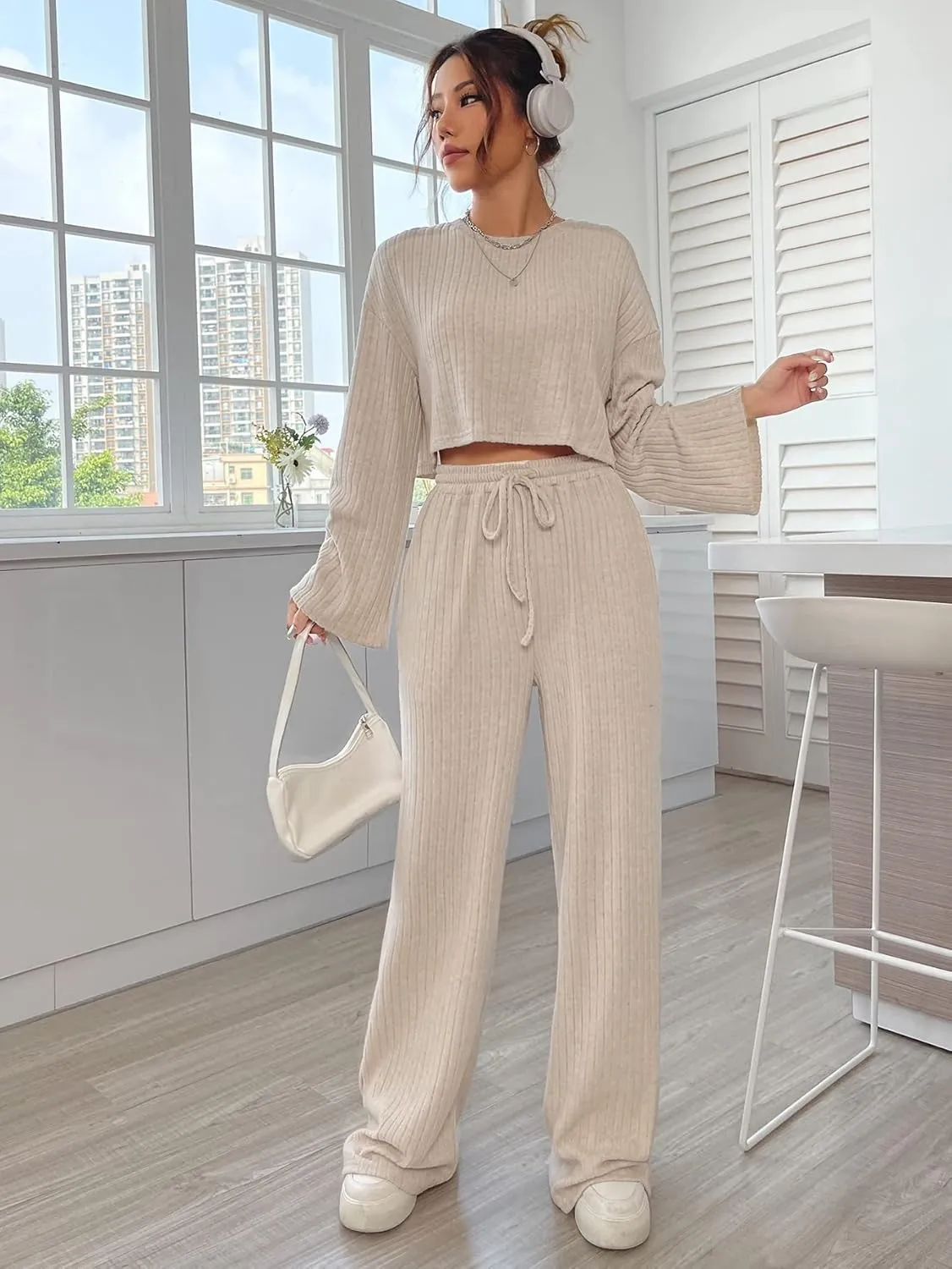 GORGLITTER Women's Fall Outfits Cute Knit Set Long Sleeve Crop Top Tee and Wide Leg Pants Lounge Matching Set