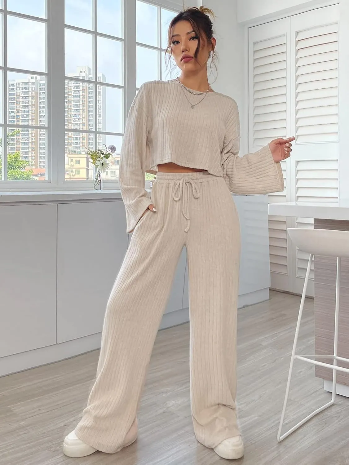 GORGLITTER Women's Fall Outfits Cute Knit Set Long Sleeve Crop Top Tee and Wide Leg Pants Lounge Matching Set