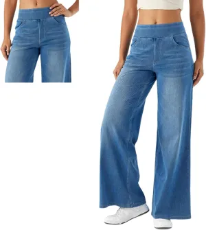 Grevela Pull up Jeans, Grevela Stretch Jeans High Waisted Multiple Pockets Wide Leg Washed Stretchy Knit Casual Pull on Jean