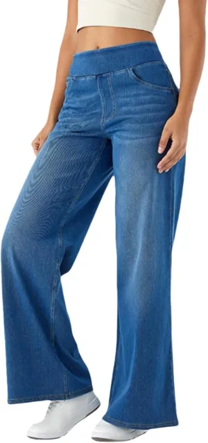 Grevela Pull up Jeans, High Waisted Multiple Pockets Wide Leg Washed Stretchy Knit Casual Jeans