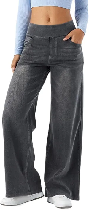 Grevela Pull up Jeans, High Waisted Multiple Pockets Wide Leg Washed Stretchy Knit Casual Jeans