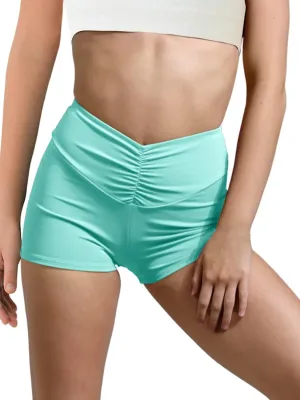Haloumoning Girls Athletic Ruched V-Waist Shorts Kids Workout Yoga Dance Shorts Active Gymnastics Shorts