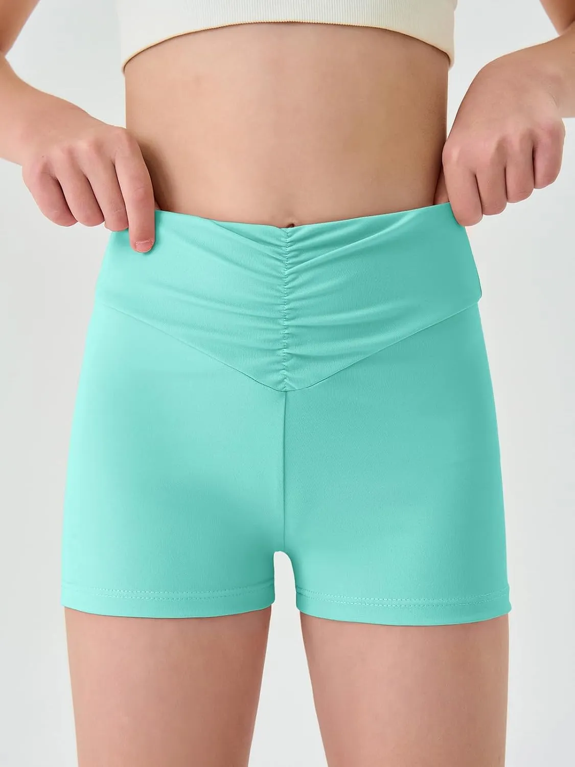 Haloumoning Girls Athletic Ruched V-Waist Shorts Kids Workout Yoga Dance Shorts Active Gymnastics Shorts